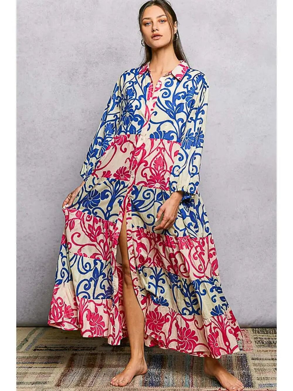 POL Button-Front Bold Colorful Casual Dress
